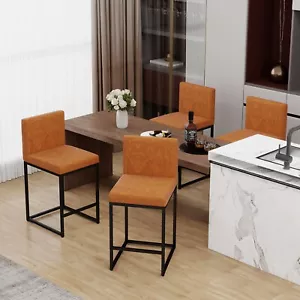 Set of 4 Leather Bar Stools Metal Leg Counter Height Dining Bar Chair with Back - Picture 1 of 12