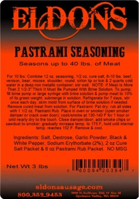 ELDONS SAUSAGE AND JERKY SUPPLY Eldon's Pastrami Seasoning Brine Rub and Cure Kit - Seasons 40 lbs of Dried Meat
