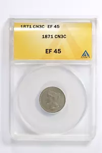 1871 Three Cent Nickel CN3C ANACS EF45 3CN XF45 - Picture 1 of 4