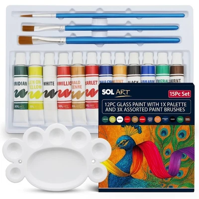 12x Glass Paint Set Painting Kit with Palette, 3 Brushes Art & Craft DIY Project - Image 1 of 4
