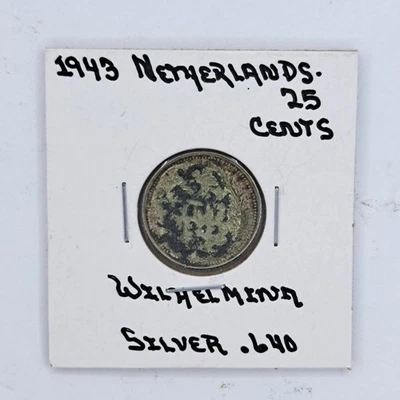 1943 Netherlands 25 Cents Silver Coin Wilhelmina Free Shipping #SA28 - Image 1 of 3
