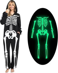 Adult Skeleton Costumes for Women Glow in the Dark Jumpsuit Pajama Zip-Up Hooded - Picture 1 of 6