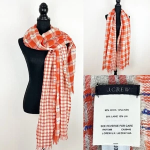 J Crew Plaid Scarf Wrap Wool Linen Blend Orange Blue Cream - Picture 1 of 9