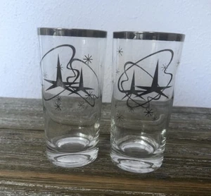 Vintage Atomic Glasses 1950s Mid Century Silver Stars Set Of 2 Glassware - Picture 1 of 8