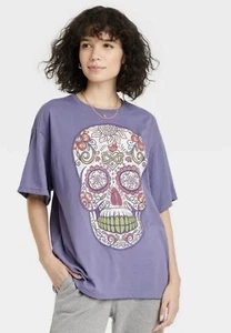 Dia De Los Muertos Sugar Skull Shirt  Short Sleeve Graphic T-Shirt Purple XS - Picture 1 of 2