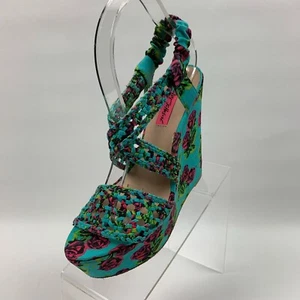 Betsy Johnson Busta Sandals Turquoise Platform Wedge Wove Pink Floral Size 8.5 - Picture 1 of 11