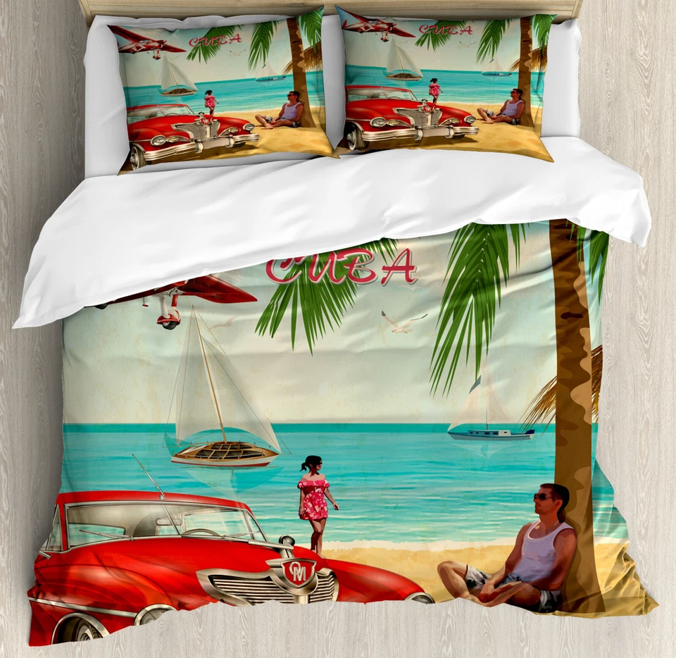 ABAKUHAUS Travel Duvet Cover Set Retro Havana Cuba Car Beach