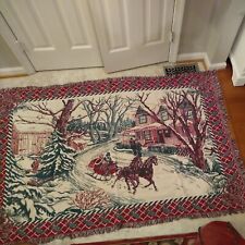 Throw Blanket 62"x42" Horse Sleigh Holly Fringe VTG CMI'94 Winter scene Tapestry
