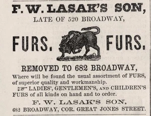 Anuncio impreso de Francis W Lasak Sons Fur Company Nueva York Broadway y Jones St 1868 - Imagen 1 de 1