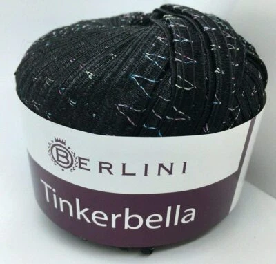 Tinkerbella Berlini Wide Ribbon Yarn #78 Black w/ Glitter ZigZag Accent 50g - Image 1 of 4