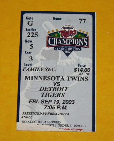 Minnesota Twins Ticket Stub | September 19 2003 | Torii Hunter Hit Eric Milton W Cover
