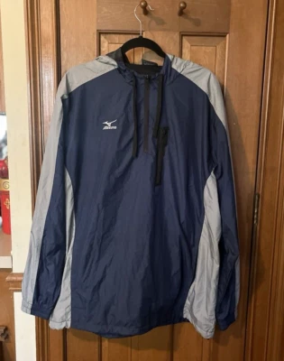 Mizuno Jacket Windbreaker Men's Size XL Navy Blue Gray 1/4 Zip Hood Pockets - Image 1 of 4