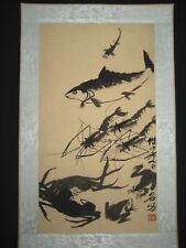 Old Chinese Antique painting scroll Fish and Shrimp Rice paper By Qi Baishi齐白石