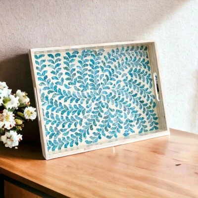 Mother Of Pearl Inlay Serving Tray- Blue Decorative Tray - Image 1 of 4