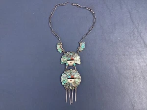 ZUNI STERLING SILVER ABALONE MULTI STONE INLAY SUN FACE NECKLACE - Picture 1 of 11