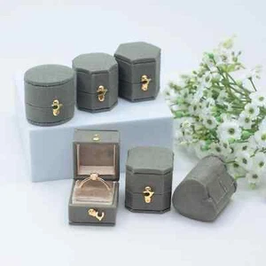Forest Green Beige Georgian Vintage Jewelry Ring Box Linen Velvet - Picture 1 of 16