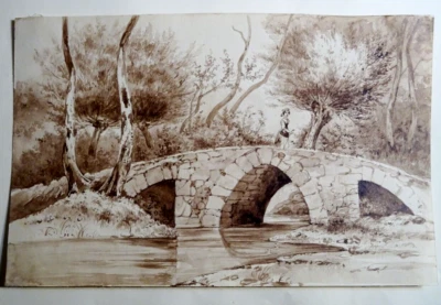 Ecole FRANCAISE XIX DESSIN LAVIS ENCRE PAYSAGE PAYSANNE PONT ROMANTISME 1830 - Photo 1/4