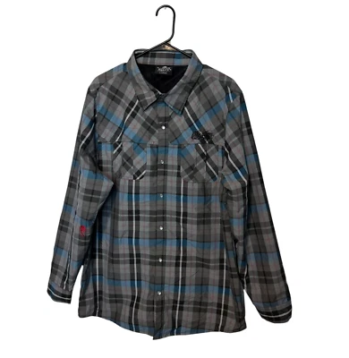 Camisa Sullen Para Hombres Grande Azul Gris Cuadros Perla A Presión Manga Larga Tatuaje Calavera Foto 1 de 4