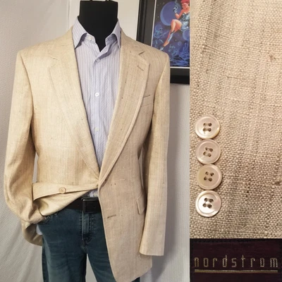 Nordstrom Men Raw Slub Silk Blazer 44L 46L Beige Sports Coat Jacket 👉 Beautiful - Image 1 of 4