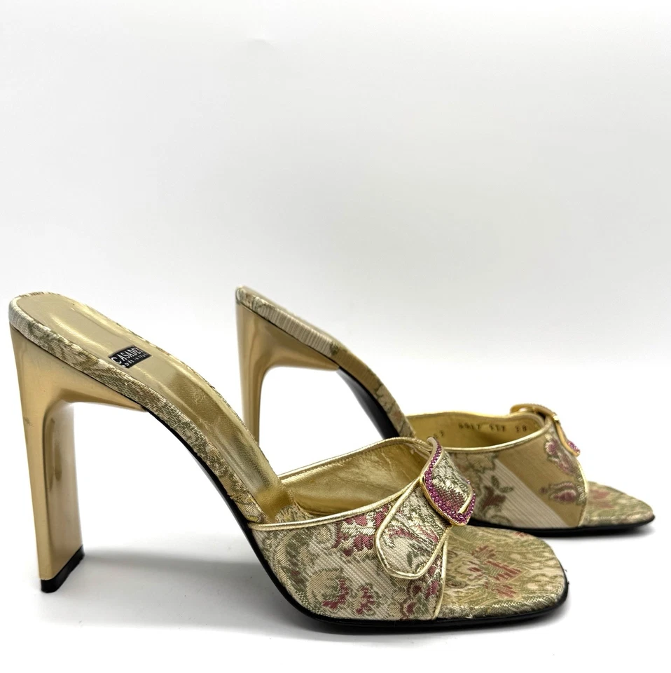 Vtg Casadei Heels 8 Brocade Pink Gold Crystal Buckle Mule Y2K Italy Holiday Glam - Image 1 of 4