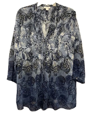 Blusa para mujer Charter Club manga 3/4 azul transparente negro estampado cachemir talla 14 Foto 1 de 4