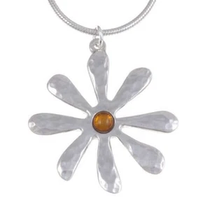 St Justin Pewter Dahlia Pendant With Amber Stone On 18" Snake Chain - 2.2cm - Picture 1 of 2