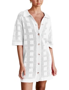 Vestido ligero tejido ganchillo botón cubrir traje de baño traje de baño tejido Bea... - Imagen 1 de 5