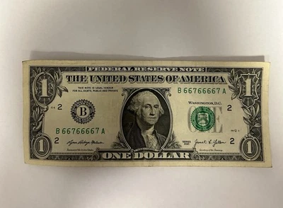 66766667 Binary Fancy Serial Number One Dollar Bill.  B66766667A. Circulated. - Image 1 of 2