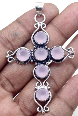 Colgante Cruz Hecho a Mano Plata de Ley 925 Rosa Cuarzo Piedras Preciosas Joyería Foto 1 de 2