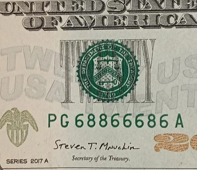 PG68866686A $20 Binary Repeater 6s 8s Fancy Serial Number Twenty Dollar 2017A - Image 1 of 3