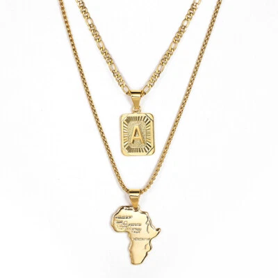 Mens Africa Map Pendant Initial Necklace Gold Plated Stainless steel Jewerly Set - Image 1 of 4