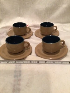 Vintage Set 4 Demitasse Espresso Stoneware Cups & Saucers Signed Blue Beige - Picture 1 of 4