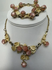 Vintage Pink Faux Moonstones Set in Silver Tone Necklace and Bracelet Set - Picture 1 of 12