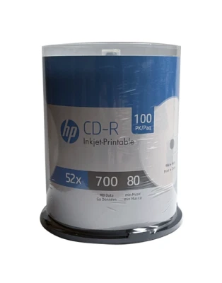 100 HP CD-R CDR  White Inkjet Hub Printable Disc 700MB 80Min Spindle Cake Box - Image 1 of 4