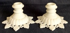 Westmoreland ~ WHITE MILK GLASS ~ Set of 2 CANDLESTICKS ~ Ring and Petal Pattern - Picture 1 of 5