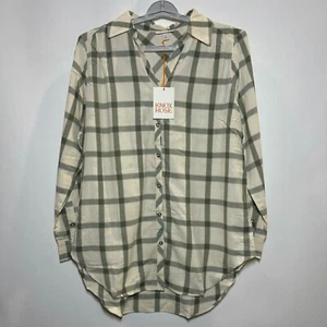 Women's Long Sleeve Button-Down Tunic Shirt - Knox Rose Creme Plaid M - Picture 1 of 2