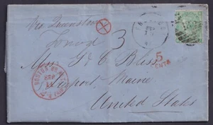 1867 1/- grün SG117 Pl 4 MF nach Newport Maine USA Boston + Freeport CDS sehr guter Zustand - Bild 1 von 2
