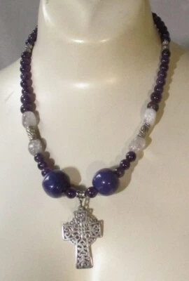 Vtg Necklace Amethyst Gemstone Celtic Cross Pendant 925 Sterling Silver Beaded Foto 1 de 4