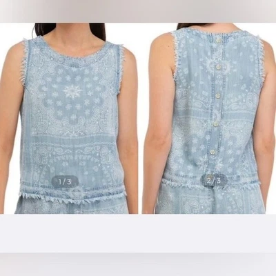 For The Republic Beach Tencel Chambray Frayed Button Back boho crop tank top M - Image 1 of 4