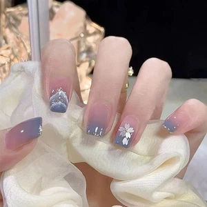 Uñas Cortas Cuadradas Azul Ombre Prensadas - Brillo Floral Uñas Falsas 24 PIEZAS - Imagen 1 de 5