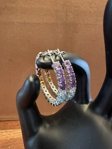 Judith Ripka Sterling Silver "Rainbow" Multi-Gemstone Hoop Earrings 1.5” Wide - Picture 1 of 8
