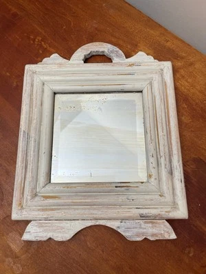 Vintage 12” Wood Mirror, Painted Off White, Beige Distressed Ornate Frame - Image 1 of 4