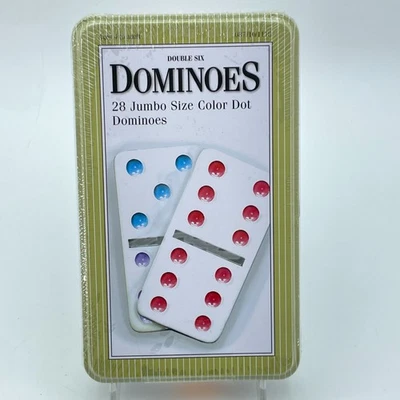 DOMINOES Double Six 28 Jumbo Size Color Dot Game Set 2005 Tin Case Sealed NEW - Image 1 of 4