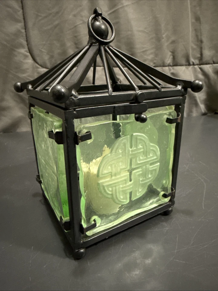 Linterna colgante china asiática Partylite metal negro vidrio verde 8" Foto 1 de 4