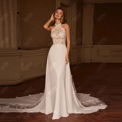 Wedding Dresses Satin Bridal Gowns Lace Appliques Sleeveless Halter Neck Sexy - Image 1 of 4