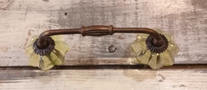 Drawer Pull Green Glass, Bronze Handle Cabinet Dresser Door Decor 4" Screw Holes - Picture 1 of 5