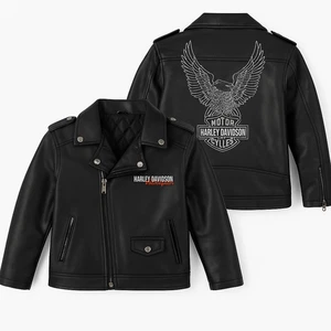Harley-Davidson Kids Faux Leather Jacket Size 7 Black Biker Moto Eagle Patch - Picture 1 of 14