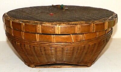 Chinese Bamboo Weave Rattan Round Basket W/ Flat Lid Oriental Ikebana Vintage • 100.58$
