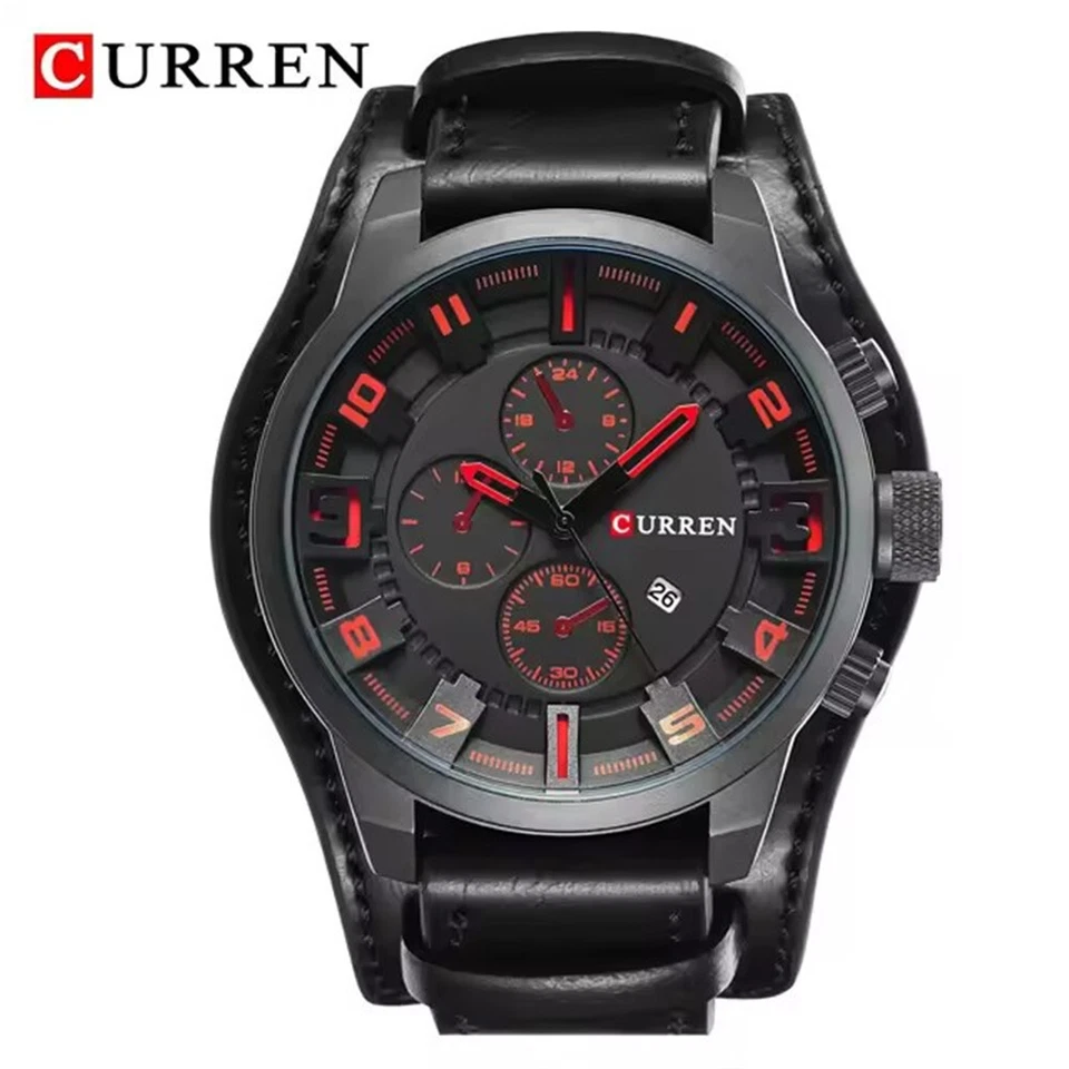 CURREN Men Quartz Watch with Date Black Leather Big Case Casual Male Wristwatch Foto 1 de 1