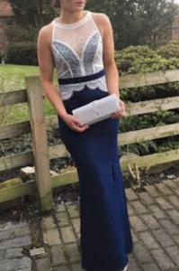 Lipsy marineblau cremefarben zierliches Maxikleid 16 Abend Hochzeit Party Anlass Kreuzfahrt Weihnachten - Bild 1 von 23